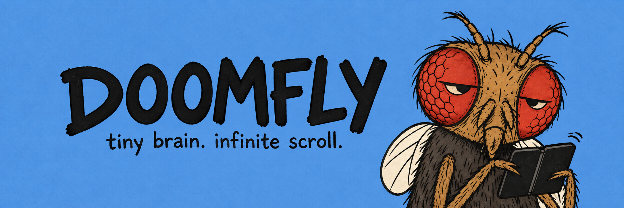 DoomFly: tiny brain, infinite scroll. An unimpressed illustrated fruit fly scrolls its foldable phone.
